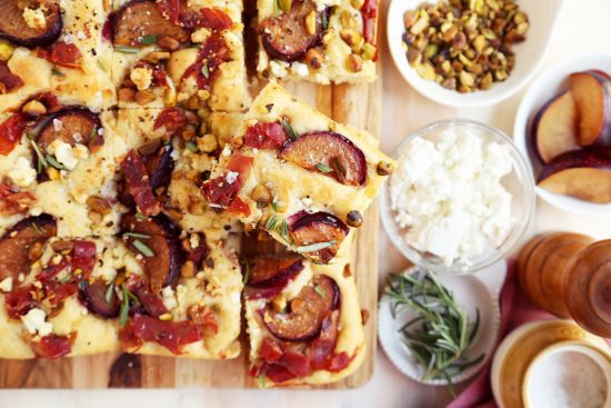 Plum, Prosciutto and Pistachio No-Kneed Focaccia