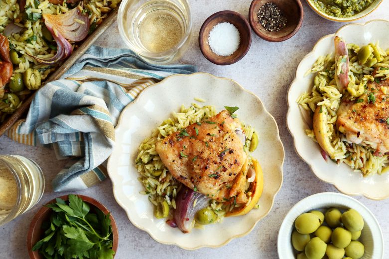 Sheet Pan Chicken with Lemon, Olives and Pesto Orzo